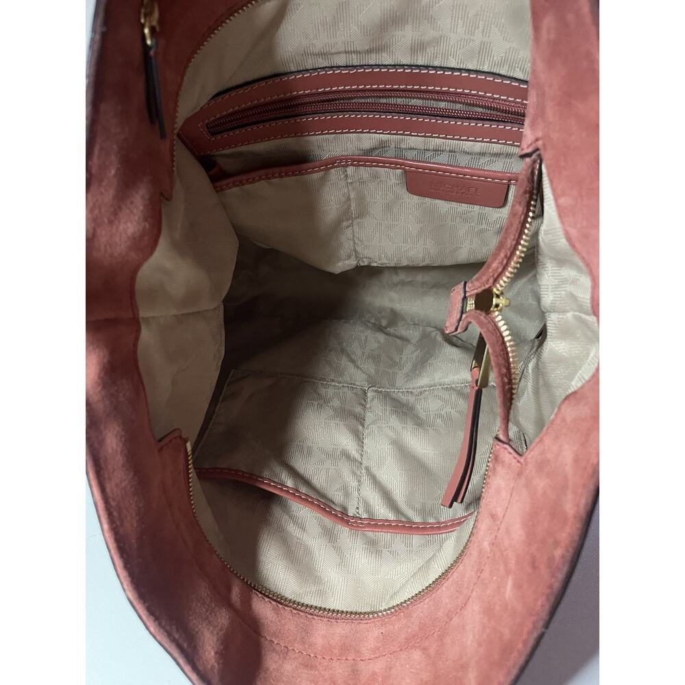 Michael Kors Brown Suede Hobo Bag Rust Color Gold Hardware Whipstitch Boho Large - Picture 10 of 13